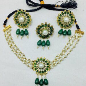 Green Stone and White Pearls Jewelry Set, Tribal Stones and Pearls Jewelry,